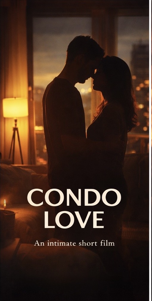 Condo Love — official poster. A couple standing close together in a warmly lit condo at dusk, with the title Condo Love and the subtitle An intimate short film.