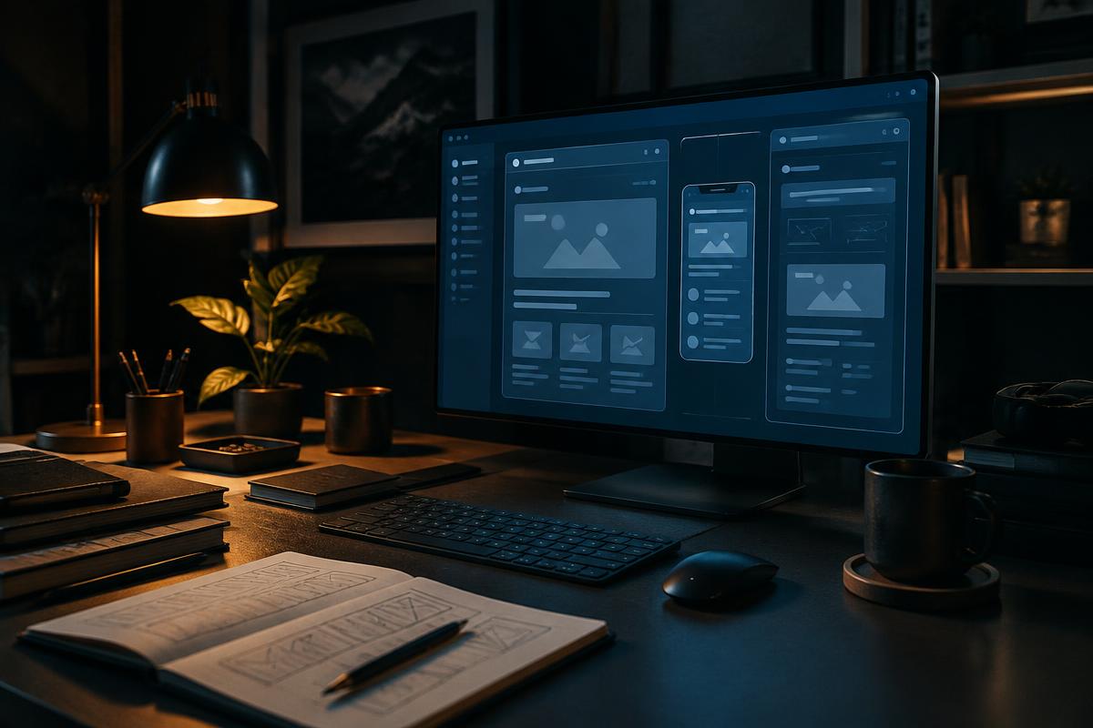 Dimly lit workspace with digital interface sketches